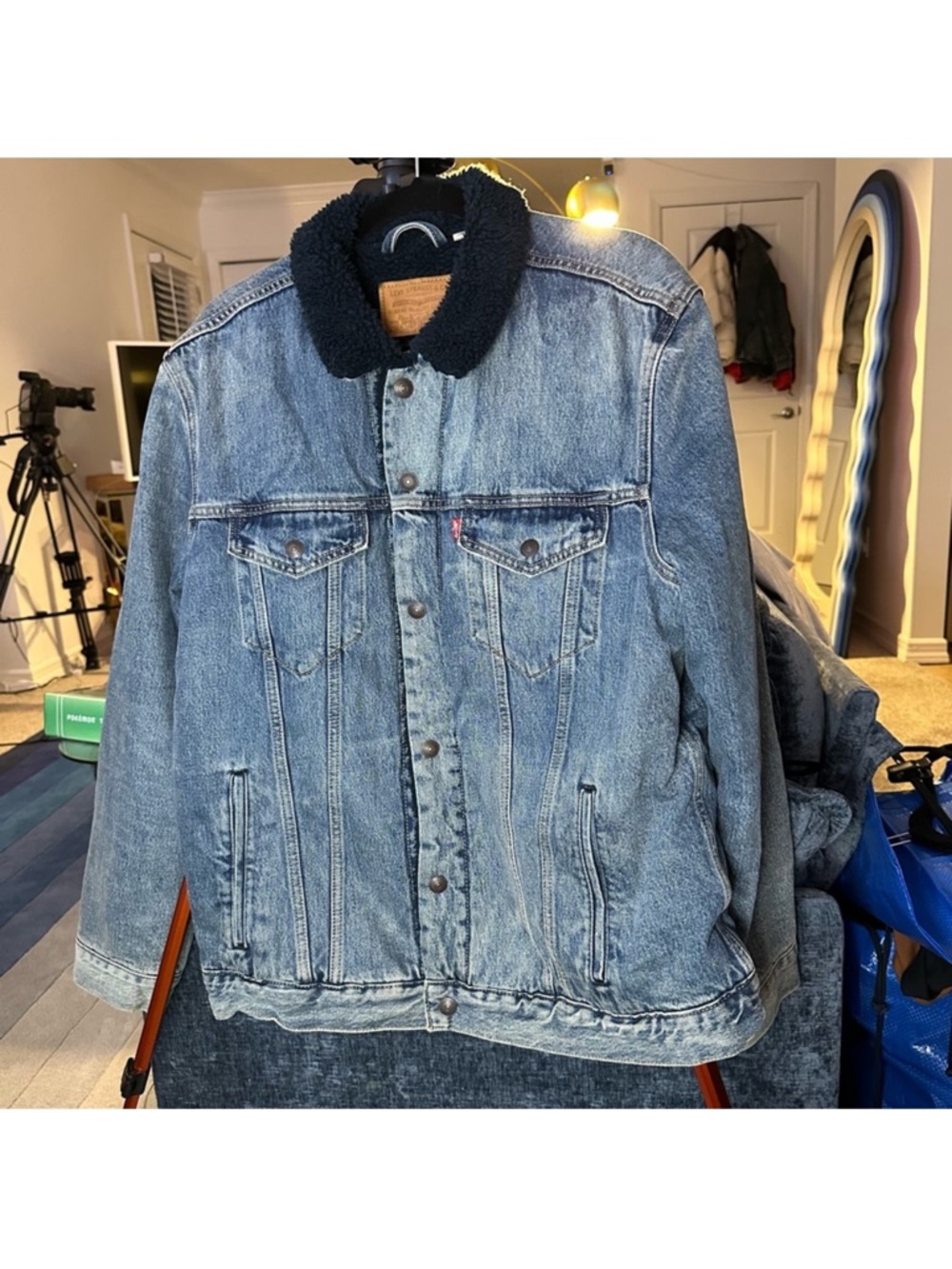 Levi's Premium Type III Sherpa Trucker Jean Jacket Dark Wash with Blue Sherpa